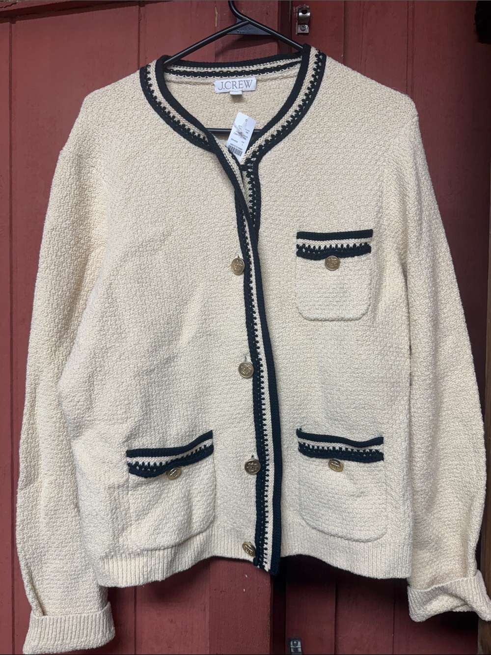 J. Crew Cream Bouclé Cardigan with Black Trim and Gold Buttons